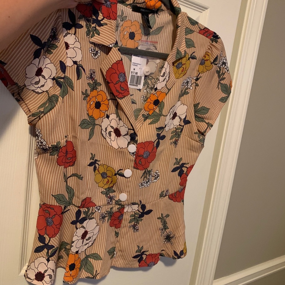 Forever 21 floral stripped peplum blouse sz M